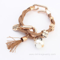 Gold Charm Mesh Rope Wrap Tassel Bracelet With Pearl Pendant